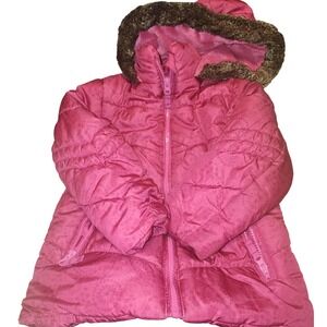 OshKosh B'gosh Girls Pink Puffer Jacket with Faux Fur Hood Size 6